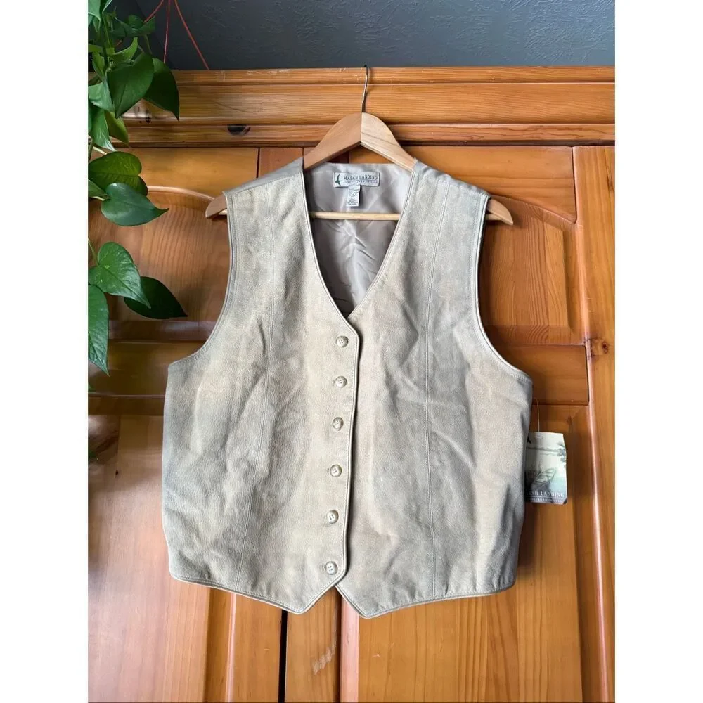 Marsh Landing Beige Leather Vest Womens Size 0 Button Front
